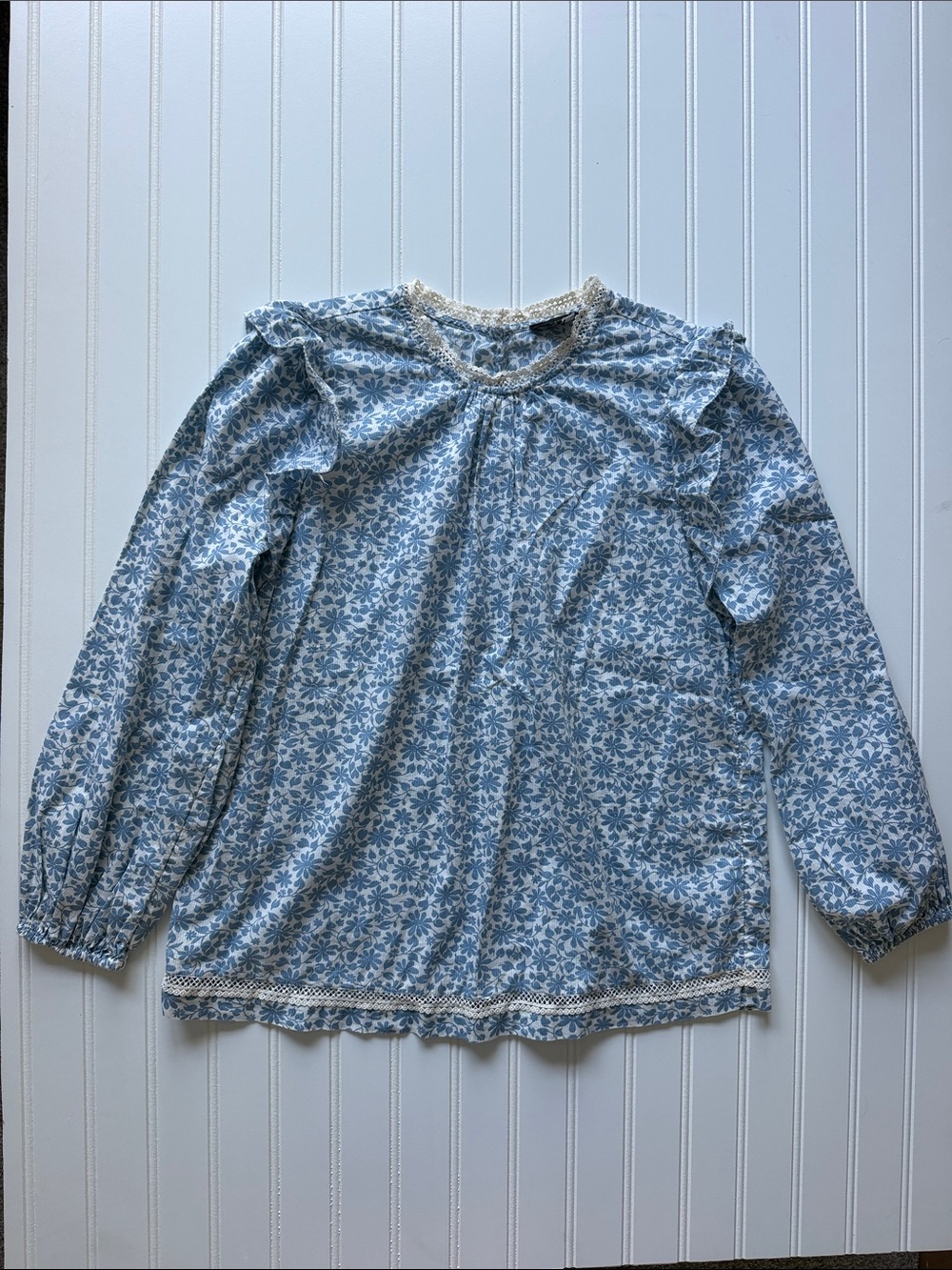J. Crew Light Blue Floral Ruffle-Trim Blouse Size Sm